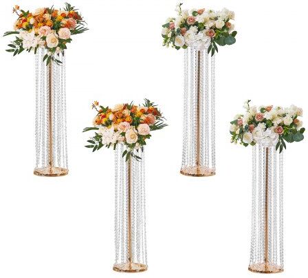 VEVOR 4PCS 35.43inch Tall Crystal Wedding Flowers Stand, Luxurious Centerpieces Flower Vases Crystal Gold Vase Metal, Perfect for T-stage Wedding Party Ceremony Dinner Event Hotel Home Decor