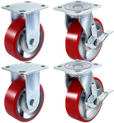 VEVOR 4 Pack 6 x 2 Inch Caster Wheels 2 Rigid and 2 Swivel Casters with Side Brake Polyurethane Iron Core Plate 1000LBS Capacity Per Wheel