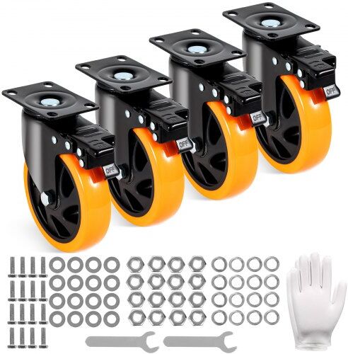 VEVOR Caster Wheels, 5-inch Swivel Plate Casters, Set of 4, with Security A/B Locking No Noise PVC Wheels, Heavy Duty 450 lbs Load Capacity Per Caster, Non-Marking Wheels for Cart Furniture Workbench