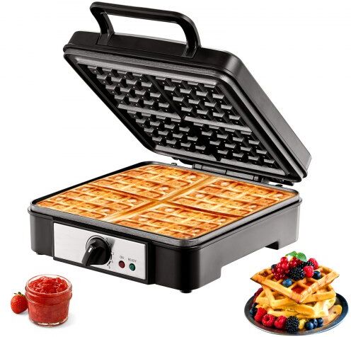 VEVOR Waffle Maker, 4 Slices per Batch, 1200W Square Waffle Iron, Non-Stick Waffle Baker Machine with 122-572℉ / 50-300℃ Temperature Range Teflon-Coated Baking Pans Stainless Steel Body, 120V