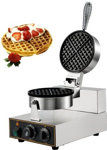 VEVOR Commercial Round Waffle Maker Nonstick 1100W Stainless Steel 110V Temperature and Time Control, Suitable for Restaurant Bakeries Snack Bar Family, Non-rotated