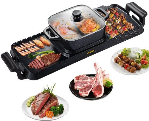 VEVOR 2 in 1 Electric Grill and Hot Pot, 2400W BBQ Pan Grill and Hot Pot, Multifunctional Teppanyaki Grill Pot with Dual Temp Control, Smokeless Hot Pot Grill with Nonstick Coating for 1-8 People