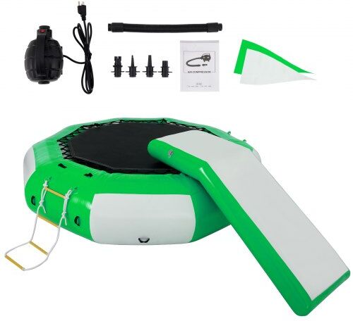 VEVOR Inflatable Water Trampoline 10ft , Round Inflatable Water Bouncer with Yellow Slide and 4-Step Ladder, Water Trampoline in Green and White for Water Sports.