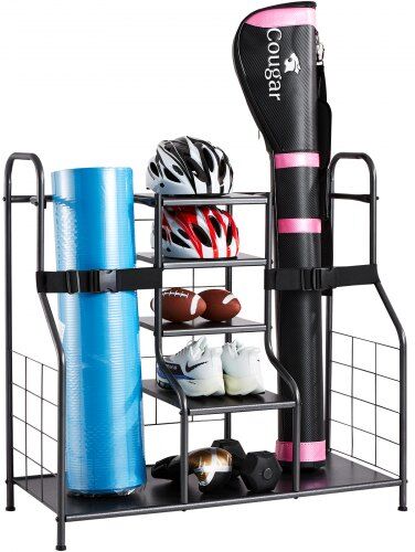 VEVOR Golf Storage Garage Organizer, 2 Golf Bag Storage Stand Holder and Other Sports Equipment Storage Rack, Outdoor Steel Garage Organizer Shelves, Sports Gear and Toys Storage for Gym Shed, Black