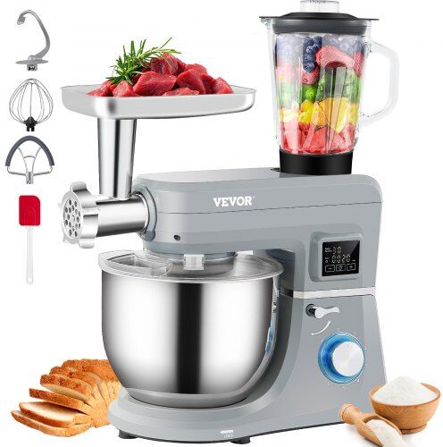 VEVOR 5 IN 1 Stand Mixer, 660W Tilt-Head Multifunctional Electric Mixer with 6 Speeds LCD Screen Timing, 7.4 Qt Stainless Bowl, Dough Hook, Flat Beater, Whisk, Scraper, Meat Grinder, Juice Cup - Gray