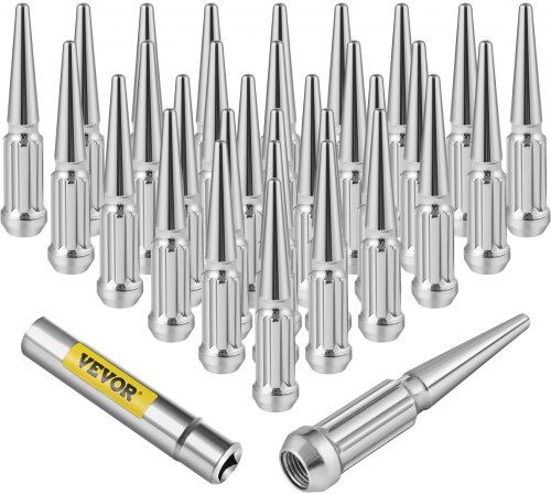 VEVOR M14x1.5 Spike Lug Nuts, 32 PCS Chrome Spiked Lug Nuts 14mmx1.5, 4.4" Tall Closed End Acorn Wheel Lug Nut w/ 1 Socket Key, Compatible with Chevy Silverado 1500 2500 3500, Ford GMC Sierra, Silver