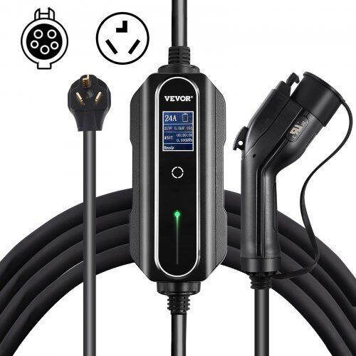 VEVOR Level 2 EV Charger, 24 Amp 110-240V, Portable Electric Vehicle Charger with 25 ft J1772 Charging Cable NEMA 10-30 Plug, 10/16/20/24A Adjustable Plug-in Home EV Charging Station for Electric Cars