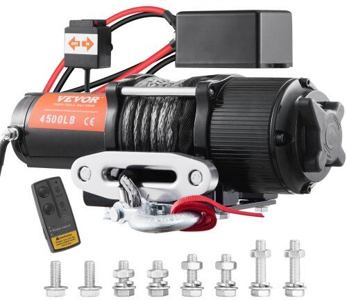 VEVOR Electric Winch, 12V 4500 lb Load Capacity Nylon Rope Winch, IP55 1/4” x 39ft ATV UTV Winch with Wireless Handheld Remote & Hawse Fairlead for Towing Jeep Off-Road SUV Truck Car Trailer Boat