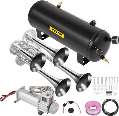 VEVOR Train Horns Kit For Trucks Train Horn Kit 150DB 2.6 Gal/10L Train Air Horn Kit For Truck 12V Train Horn For Complete Kit 200PSI Train Horn For Car 4 Stainless Steel Trumpets For Car Truck BLACK