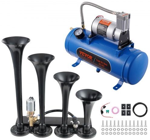 VEVOR Train Horns Kit, 4 Trumpet Air Horn Kit, 150dB Train Horns for Pickup Trucks, 12V 120 psi Air Compressor 1.6 Gal/6 L Tank with Gauge for Any 12V Vehicle Car Truck Train Van Boat