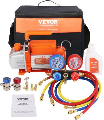 VEVOR 1/5 HP 3.5 CFM AC Vacuum Pump and Gauge Set, Single Stage Rotary Vane HVAC Air Vacuum Pump A/C Refrigerant Kit Manifold Gauge Set, with Three-Color Hose Carry Bag, Applicable to R134a, R410a