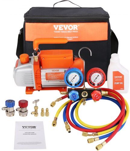 VEVOR 1/4 HP 4.5 CFM AC Vacuum Pump and Gauge Set, Single Stage Rotary Vane HVAC Air Vacuum Pump A/C Refrigerant Kit Manifold Gauge Set, with Three-Color Hose Carry Bag, Applicable to R134a, R410a