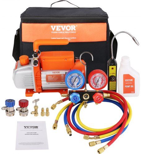 VEVOR 1/4 HP 4.5 CFM AC Vacuum Pump and Gauge Set, Single Stage Rotary Vane HVAC Air Vacuum Pump A/C Refrigerant Kit Manifold Gauge Set, with Three-Color Hose Carry Bag, Applicable to R134a, R410a