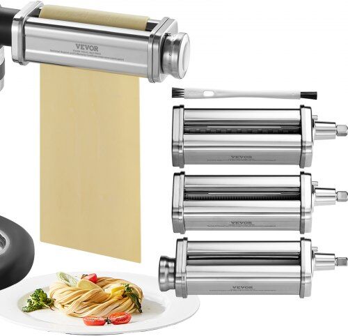 VEVOR Pasta Attachment for KitchenAid Stand Mixer, Stainless Steel Pasta Roller Cutter Set Including Pasta Sheet Roller, Spaghetti and Fettuccine Cutter, 8 Adjustable Thickness Knob Pasta Maker, 3Pcs