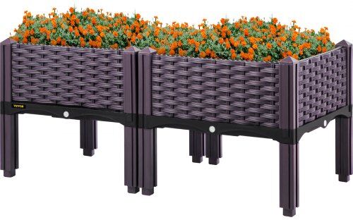 VEVOR Plastic Raised Garden Bed, 2 Pcs Planter Grow Box, 9.1" H Self-Watering Elevated w/Legs for Flowers, Vegetables, Fruits, Herbs, Indoor/Outdoor Use, Brown Realistic Rattan