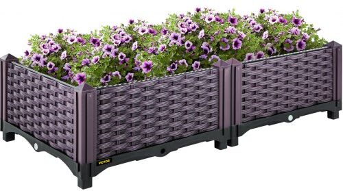 VEVOR Plastic Raised Garden Bed, Set of 2 Planter Grow Box, 9.1" H Self-Watering Elevated for Flowers, Vegetables, Fruits, Herbs, Indoor/Outdoor Use, Brown Realistic Rattan