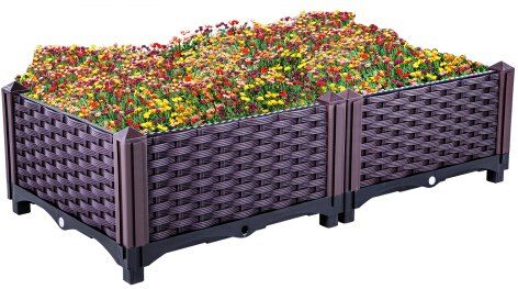 VEVOR Plastic Raised Garden Bed, 9" H Flower Box Kit, Brown Rattan Style Grow Planter Care Box, Set of 2 Raised Garden Planter, Self-Watering Elevated Herb Planter, Raised Garden Beds in/Outdoor