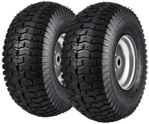 VEVOR Lawn Mower Tires, 15x6-6" Lawn Tractor Tires, 2-Pack Tire and Wheel Assemblies, Turf Pneumatic Tires with 3" Centered Hub and 3/4" Bushing Size, 16 PCS Adapters for Riding Mowers Lawn Tractors