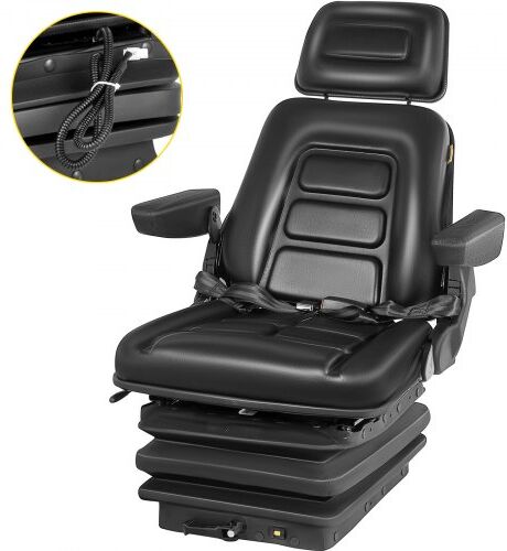 VEVOR Universal Tractor Suspension Seat, 35-170° Backrest Angle Adjustable Air Ride Seat Replacement w/ Seat Belt & Safety Switch, Compatible with Forklift/Van/Mower, Black Vinyl