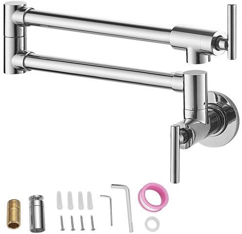 VEVOR Pot Filler Faucet, Solid Brass Commercial Wall Mount Kitchen Stove Faucet with Gold Brushed Finish, Folding Restaurant Sink Faucet with Double Joint Swing Arm & 2 Handles