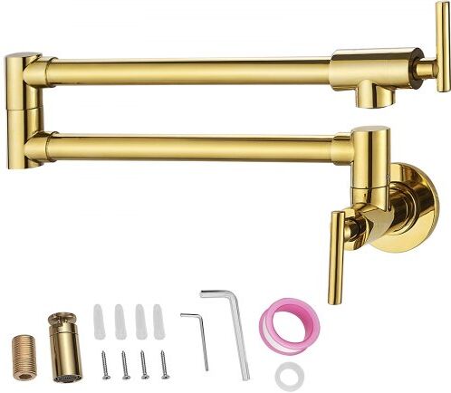 VEVOR Pot Filler Faucet, Solid Brass Commercial Wall Mount Kitchen Stove Faucet with Gold Finish, Folding Restaurant Sink Faucet with Double Joint Swing Arm & 2 Handles 24.4"