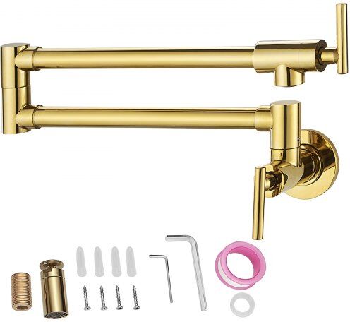 VEVOR Pot Filler Faucet, Solid Brass Commercial Wall Mount Kitchen Stove Faucet with Gold Brushed Finish, Folding Restaurant Sink Faucet with Double Joint Swing Arm & 2 Handles