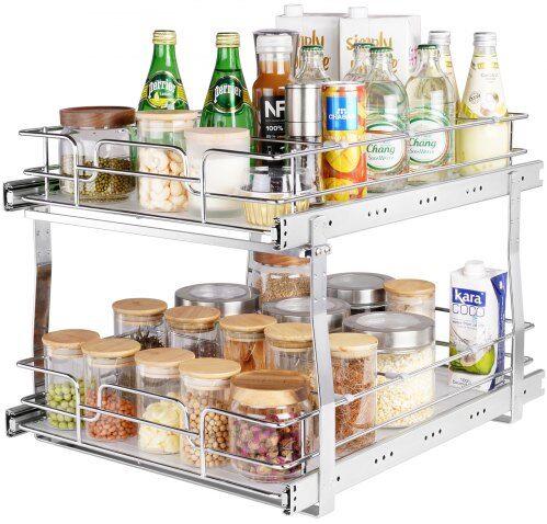 VEVOR 2 Tier 17"W x 21"D Pull Out Cabinet Organizer, Heavy Duty Slide Out Pantry Shelves, Chrome-Plated Steel Roll Out Drawers, Sliding Drawer Storage for Inside Kitchen Cabinet, Bathroom, Under Sink