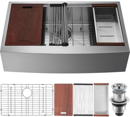 VEVOR Farmhouse Kitchen Sink, 304 Stainless Steel Drop-In Sinks, Single Bowl Basin with Ledge & Accessories, Household Dishwasher Sinks for Workstation, Prep Kitchen, and Bar Sink, 30 inch