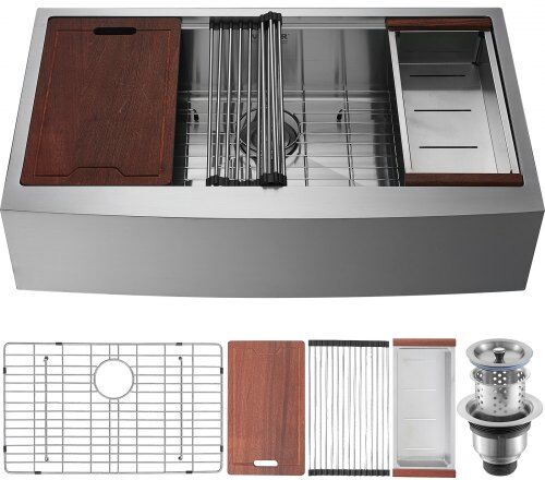 VEVOR Farmhouse Kitchen Sink, 304 Stainless Steel Drop-In Sinks, Single Bowl Basin with Ledge & Accessories, Household Dishwasher Sinks for Workstation, Prep Kitchen, and Bar Sink, 33 inch