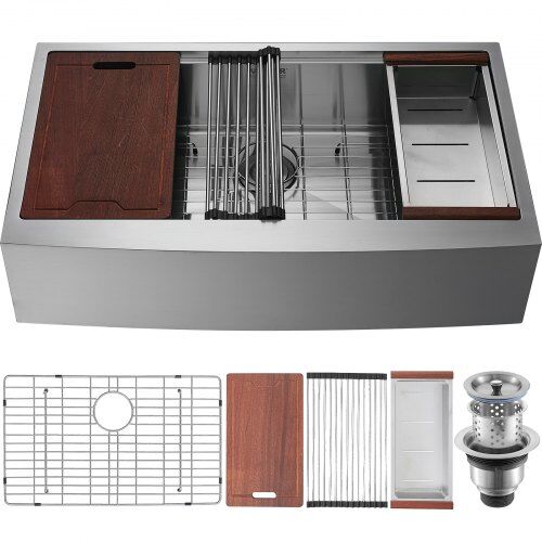 VEVOR Farmhouse Kitchen Sink, 304 Stainless Steel Drop-In Sinks, Single Bowl Basin with Ledge & Accessories, Household Dishwasher Sinks for Workstation, Prep Kitchen, and Bar Sink, 36 inch
