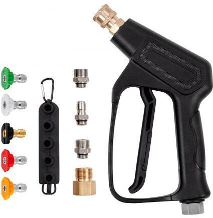 VEVOR Short Pressure Washer Gun, 4000 PSI High Power Washer Spay Gun, M22-14 mm / M22-15 / 3/8'' Inlet & 1/4'' Outlet Hose Connector Foam Gun, Pressure Washer Handle with 5 Color Quick Connect Nozzles