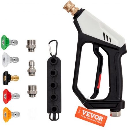 VEVOR Short Pressure Washer Gun, 5000 PSI High Power Washer Spay Gun, M22-14 mm / M22-15 / 3/8'' Inlet & 1/4'' Outlet Hose Connector Foam Gun, Pressure Washer Handle with 5 Color Quick Connect Nozzles