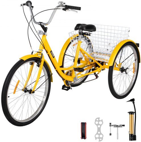 VEVOR Adult Tricycle 7 Speed Cruise Bike 20 inch Adjustable Trike with Bell Brake System Cruiser Bicycles Large Size Basket for Exercise (Yellow 20 7Speed)