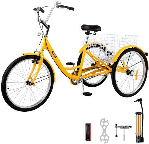 VEVOR Yellow Adult Tricycle 24'' 1-Speed 3 Wheel Bikes, Foldable Adult Tricycle 3 Wheel Bike Trike for Adults, Cruise Bike 24 Inch Seat Adjustable Trike with Bell, Brake System and Basket for Shopping