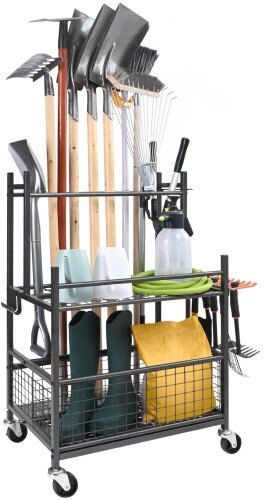 VEVOR Garden Tool Organizer, 16 Slots with Hooks, Yard Tool Tower Rack with Wheels for Garage Organization and Storage, Hold Long-Handled Tool/Rake/Broom, Metal Tool Stand Holder for Shed, Outdoor