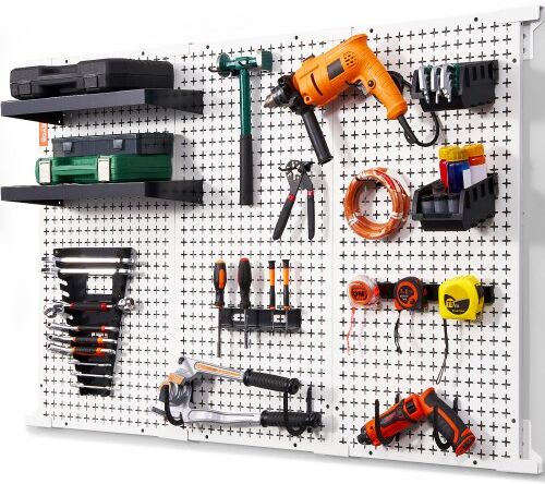 VEVOR Pegboard Wall Organizer 48" x 32", 495LBS Loading Garage Metal Pegboard Organizer Wall Mount, 37PCS Tool Storage Kit with 3 Peg Boards, Hooks, Storage Bins, Shelf Racks for Warehouse Garage Shop