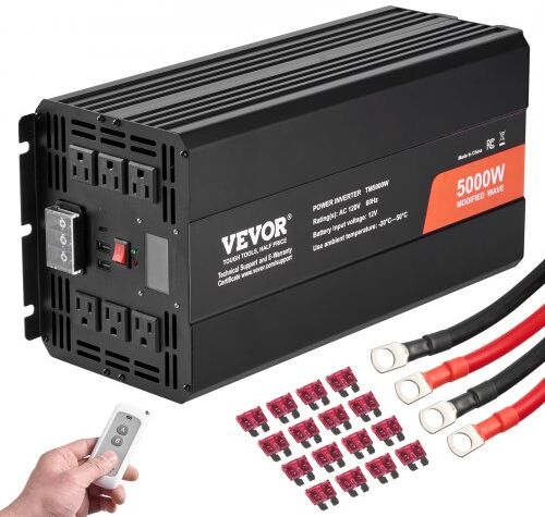 VEVOR Modified Sine Wave Inverter, 5000W, DC 12V to AC 120V Power Inverter with 6 AC Outlets 2 USB Port 1 Type-C Port, LCD Display and Remote Controller for High Load Home Appliances, CE FCC Certified