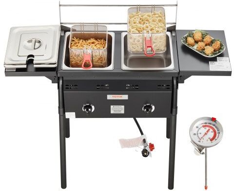 VEVOR Outdoor Propane Deep Fryer, Double Burners Commercial Fryer, 16 Qt Stainless Steel Cooker with Removable Baskets & Lids & Tanks, Oil Fryer Cart with Thermometer & Regulator, For Outdoor Cooking