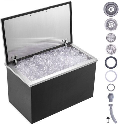 VEVOR Drop in Ice Chest, 24"L x 20"W x 15"H Stainless Steel Ice Cooler, Commercial Ice Bin with Hinged Cover, 40 qt Outdoor Kitchen Ice Bar, Drain-pipe and Drain Plug Included, for Cold Wine Beer