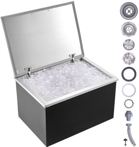 VEVOR Drop in Ice Chest, 28"L x 20"W x 17"H Stainless Steel Ice Cooler, Commercial Ice Bin with Hinged Cover, 40 qt Outdoor Kitchen Ice Bar, Drain-pipe and Drain Plug Included, for Cold Wine Beer