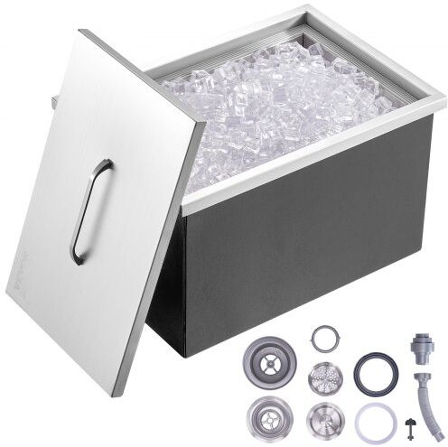 VEVOR Drop in Ice Chest, 22"L x 17"W x 12"H Stainless Steel Ice Cooler, Commercial Ice Bin with Cover, 40 qt Outdoor Kitchen Ice Bar, Drain-pipe and Drain Plug Included, for Cold Wine Beer