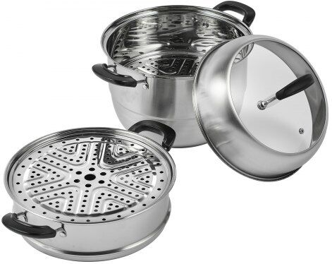 VEVOR Steamer Pot 11in/28cm, 3 Tier Steamer Pot for Cooking with 8.5QT Stock Pot, Vegetable Steamer & 2 Steaming Tray, Food-Grade 304 Stainless Steel Food Steamer Cookware for Gas Electric Stove Grill