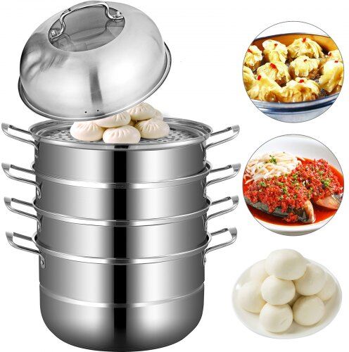 VEVOR Dumpling Steamer Stainless Steel 5 Titer for for Cook Soup, Noodles, Fishes Work with Gas Electric Grill Stove Top, Dia 30cm/11.8inch, Pot