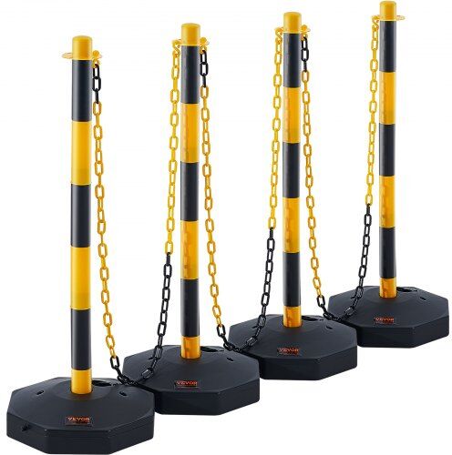 VEVOR Adjustable Traffic Delineator Post Cones, 4 Pack, Traffic Safety Delineator Barrier with Fillable Base 8FT Chain, for Traffic Control Warning Parking Lot Construction Caution Roads, Yellow&Black