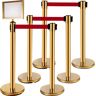 VEVOR Stanchion Post Barriers 4-Set Line Dividers, Stainless Steel Stanchions with 6.6 Red Retractable Belts, Stanchions with One Sign Frame, 34.6 Queue Safety Stanchions (Gold)