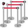 VEVOR Crowd Control Stanchion, Set of 6 Pieces Stanchion Set, Stanchion Set w/ 6.6 ft/2 m Red Retractable Belt, Crowd Control Barrier w/Rubber Base – Easy Connect Assembly for Crowd Control (Silver)