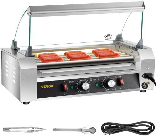 VEVOR Hot Dog Roller, 12 Hot Dog Capacity 5 Rollers, 750W Stainless Steel Cook Warmer Machine with Cover & Dual Temp Control, LED Light & Detachable Drip Tray, Sausage Grill Cooker for Kitchen Canteen