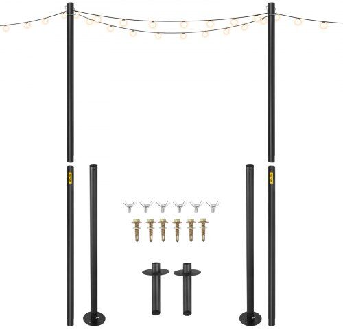 VEVOR String Light Poles, 2 Pack 10.6 FT, Outdoor Powder Coated Steel Lamp Post with Hooks to Hang Lantern and Flags, Universal Mounting Options to Decorate Garden, Patio, and Deck for Party, Black