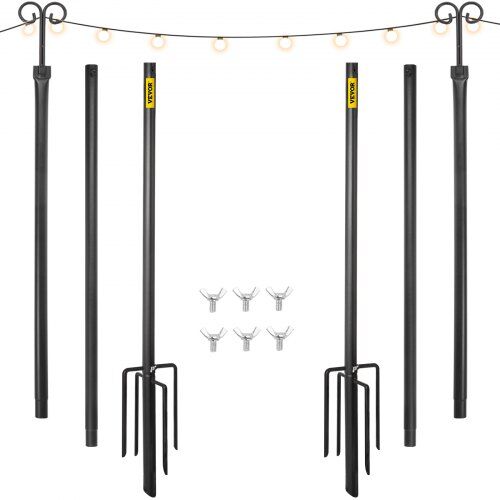 VEVOR String Light Poles, 2 Pack 9.7 FT, Outdoor Powder Coated Stainless Steel Lamp Post with Hooks to Hang Lantern and Flags, Decorate Garden, Backyard, Patio, Deck, for Party and Wedding, Black