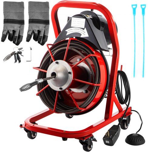 VEVOR Electric Drain Auger, 50' x 3/8", 250W Sewer Snake Machine Fit 2''- 4'' Pipes, Hair Clog Remover for Bathroom Shower Pipe Drain, Bathtub Hair Clogs, Kitchen Sink Drain Cleaning